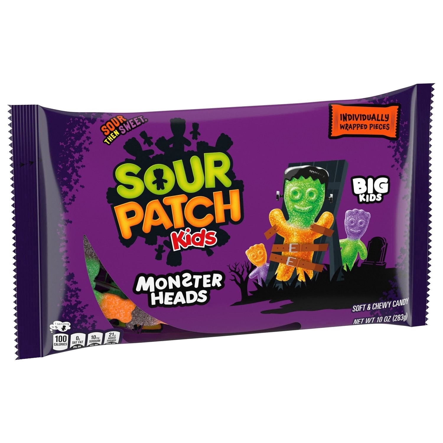 slide 3 of 9, SOUR PATCH KIDS Big Kids Monster Heads Individually Wrapped Soft & Chewy Halloween Candy, 10 oz, 10 oz