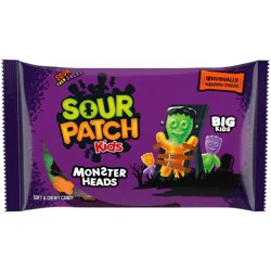 SOUR PATCH KIDS Big Kids Monster Heads Individually Wrapped Soft & Chewy Gummy Halloween Candy, 10 oz