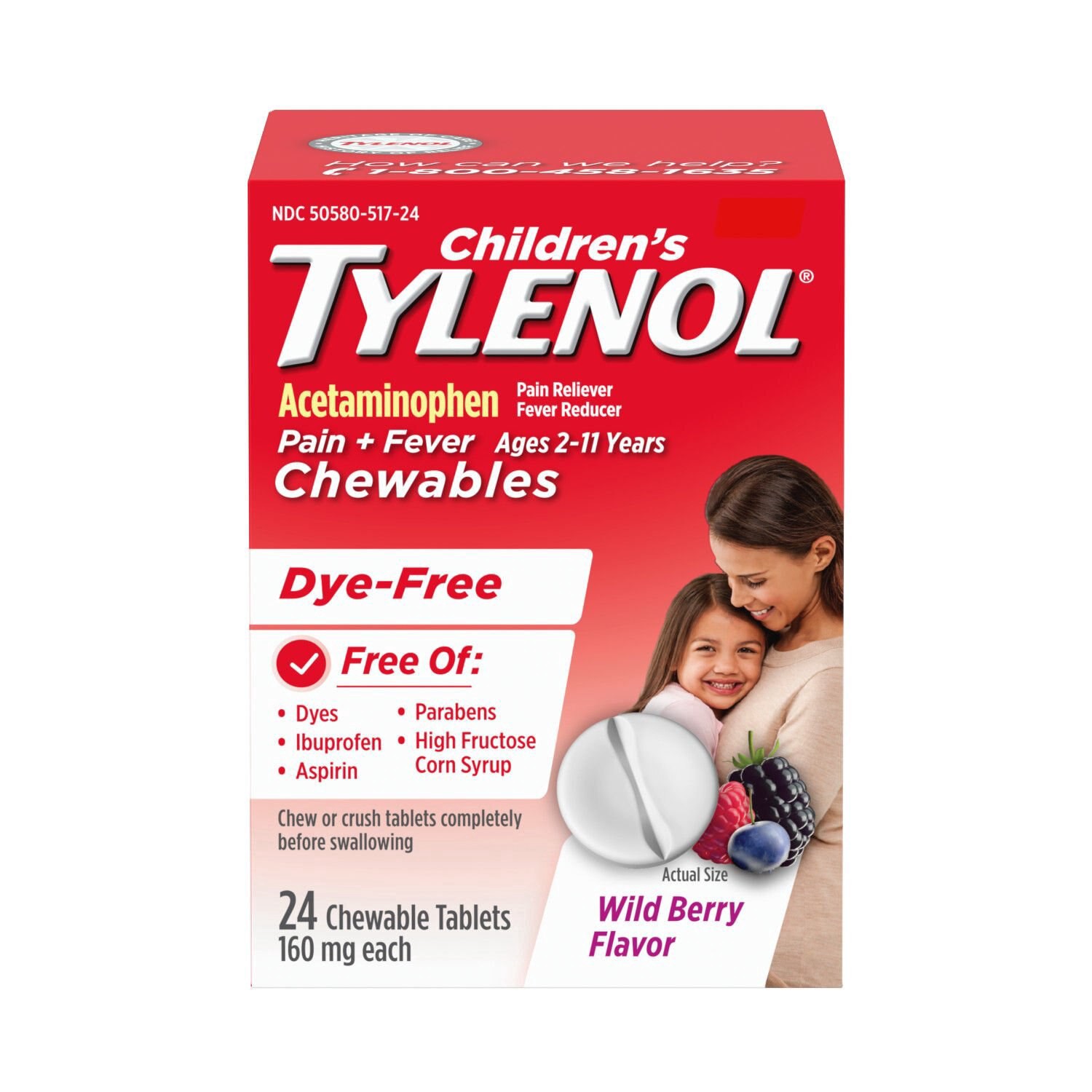 slide 1 of 1, Tylenol Children's Tylenol Dye-Free Chewable Tablets, Wild Berry, 24 Count, 24 ct