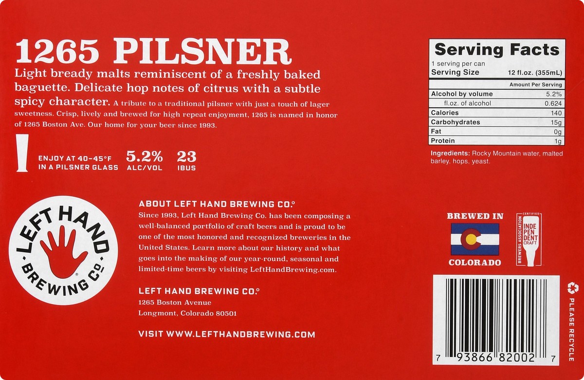 slide 8 of 12, Left Hand Brewing Co. Pilsner 1265 Beer 6 ea, 6 ct