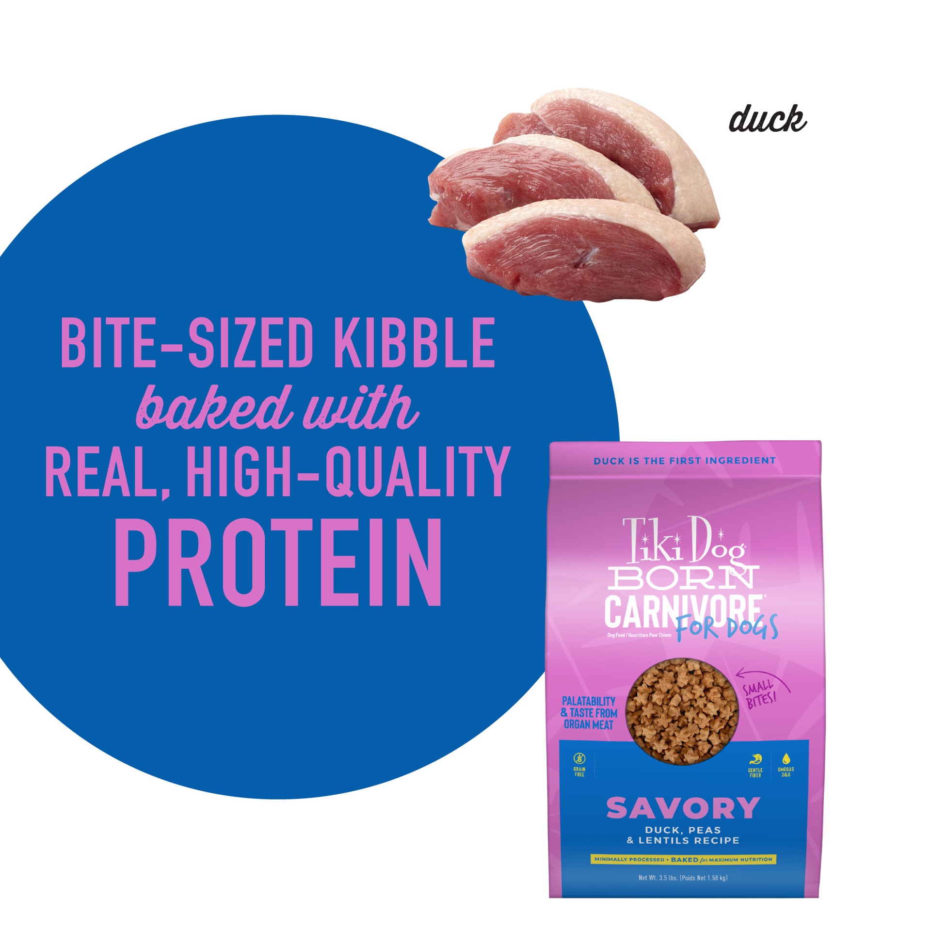 slide 3 of 9, Tiki Dog Born Carnivore Small & Medium Breed All Life Stage Dry Dog Food - Savory Duck, 3.5 lb