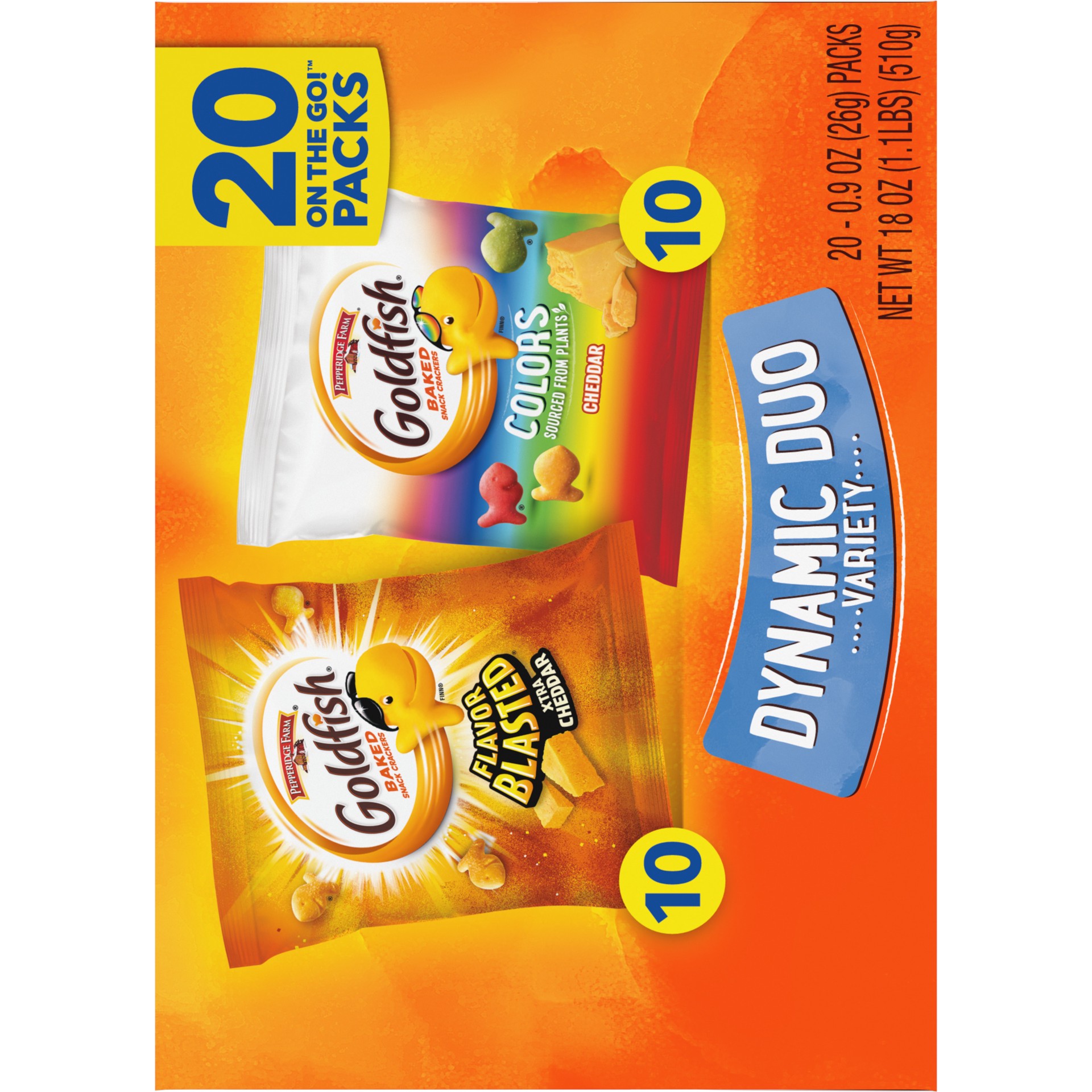 slide 3 of 5, Pepperidge Farm Goldfish Dynamic Duo Variety Pack, Colors Cheddar & Flavor Blasted Xtra Cheddar, Snack Packs, 20 Ct, 20 ct; 0.9 oz