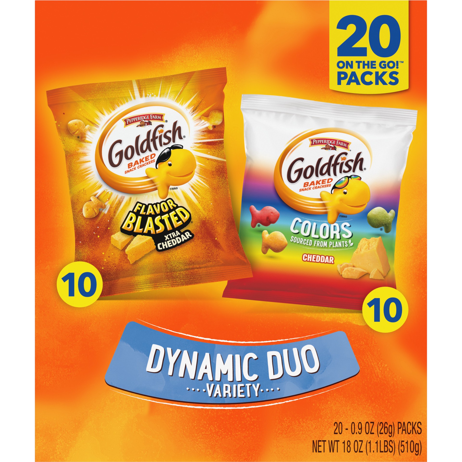 slide 5 of 5, Pepperidge Farm Goldfish Dynamic Duo Variety Pack, Colors Cheddar & Flavor Blasted Xtra Cheddar, Snack Packs, 20 Ct, 20 ct; 0.9 oz