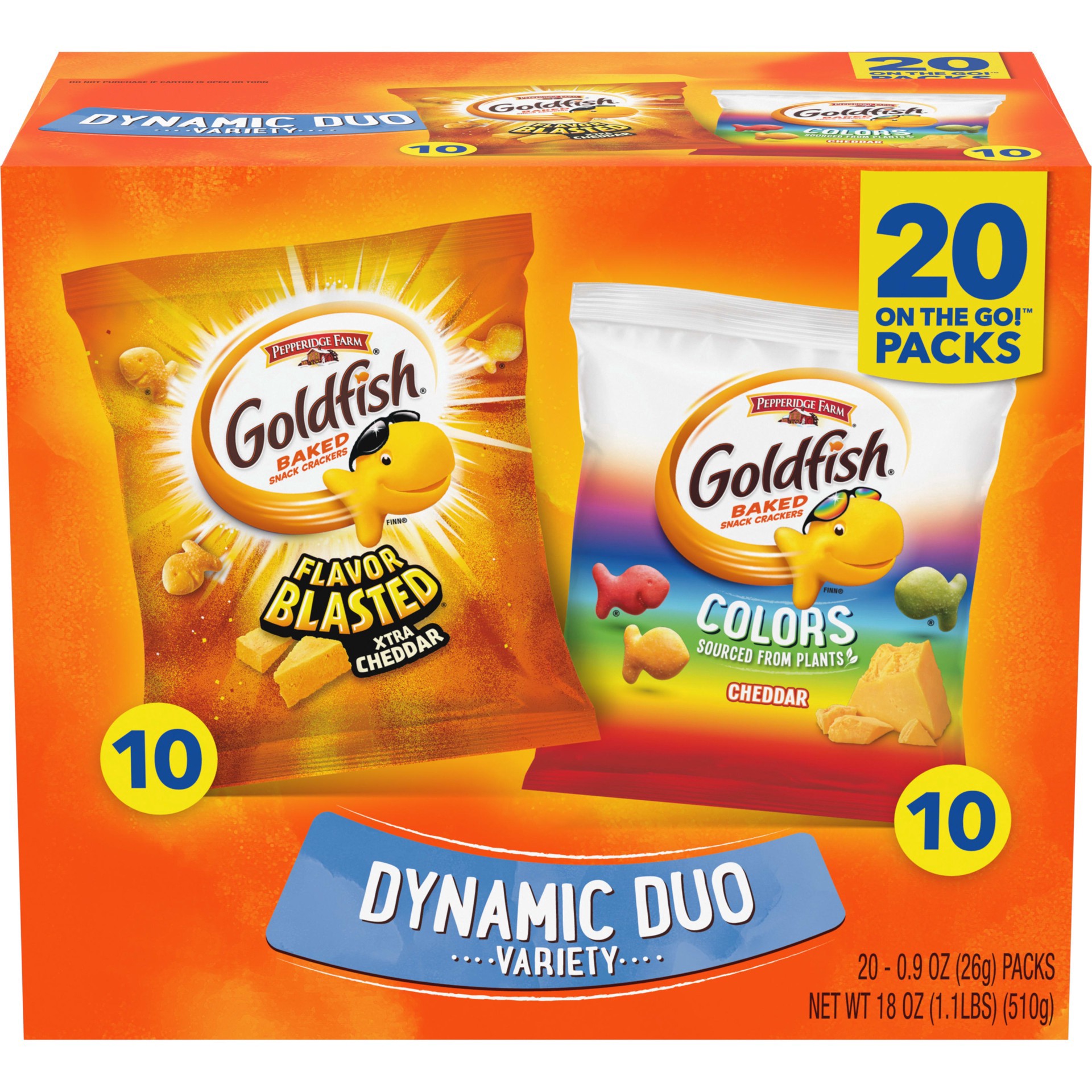 slide 1 of 5, Pepperidge Farm Goldfish Dynamic Duo Variety Pack, Colors Cheddar & Flavor Blasted Xtra Cheddar, Snack Packs, 20 Ct, 20 ct; 0.9 oz