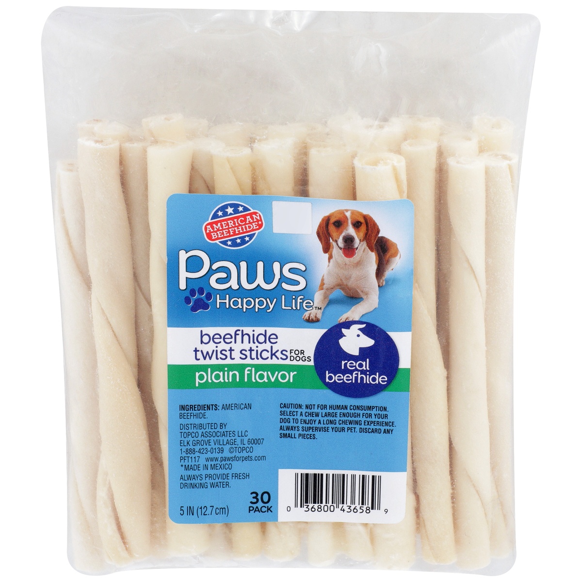 slide 1 of 1, Paws Happy Life Plain Flavor Beefhide Twist Sticks For Dogs, 30 ct