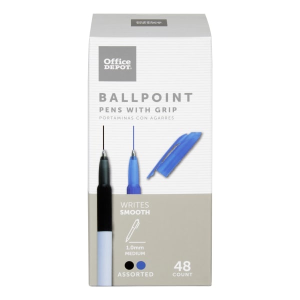 slide 1 of 2, Office Depot Brand Grip Ballpoint Pens, Medium Point, 1.0 Mm, White Barrel, Black/Blue Ink, Pack Of 48 Pens, 48 ct