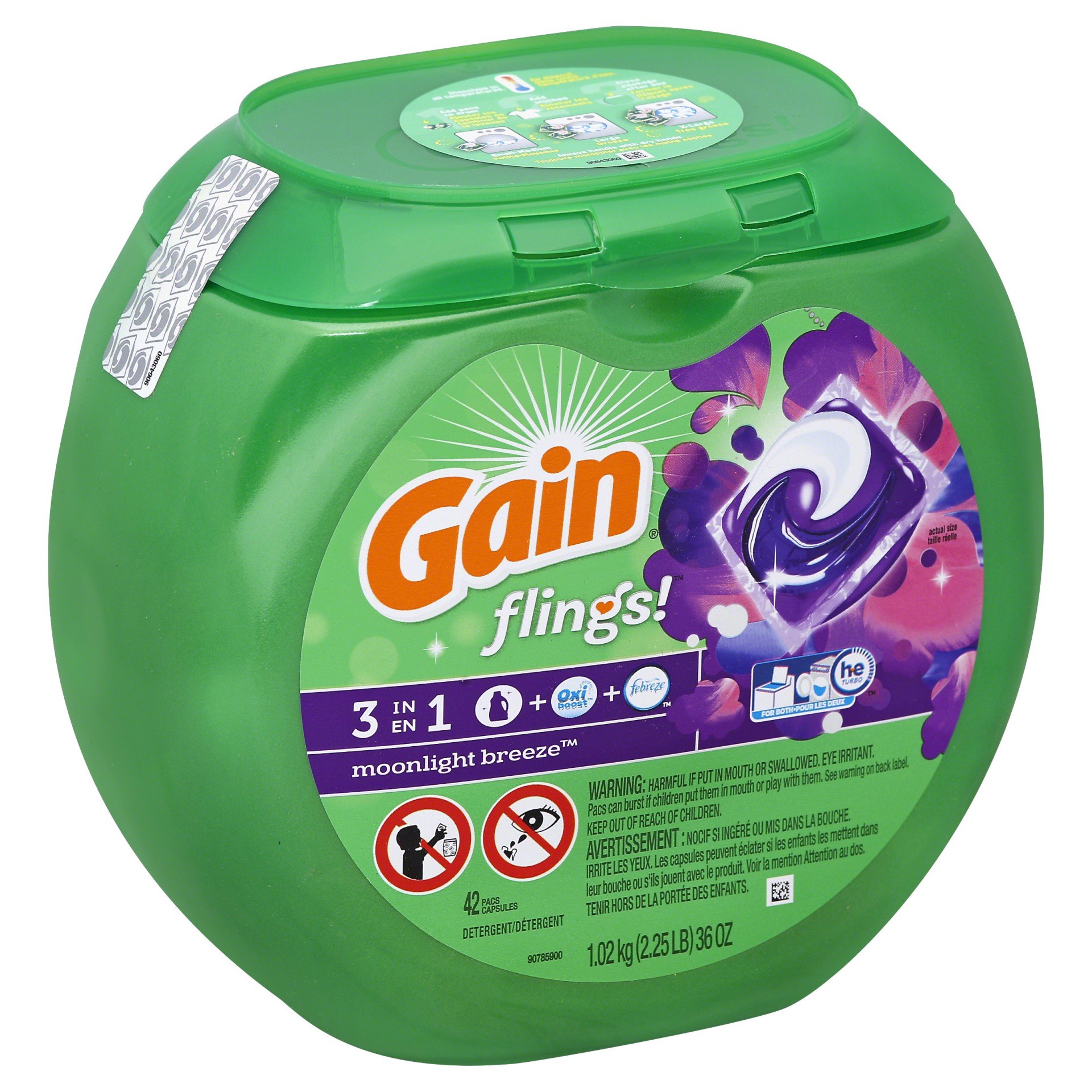 slide 1 of 2, Gain Flings Moonlight Breeze Scent With Oxi Boost Febreze Freshness Laundry Detergent Pacs, 42 ct