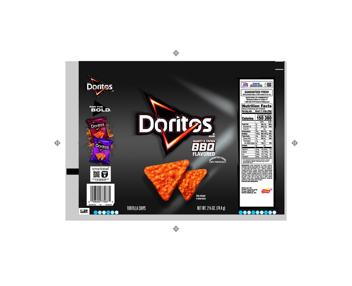 slide 3 of 9, Doritos Tortilla Chips Sweet & Tangy BBQ Flavored 2 5/8 Oz, 2.625 oz