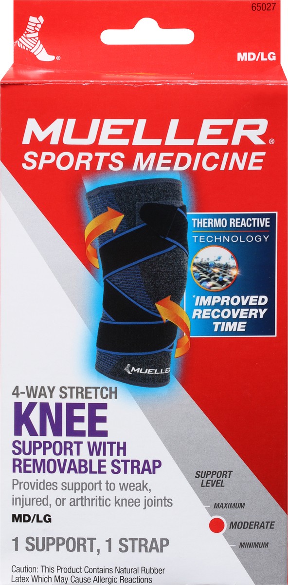 slide 8 of 9, Mueller Moderate 4-Way Stretch Knee Support with Removable Strap Md/Lg 1 ea, 1 ct