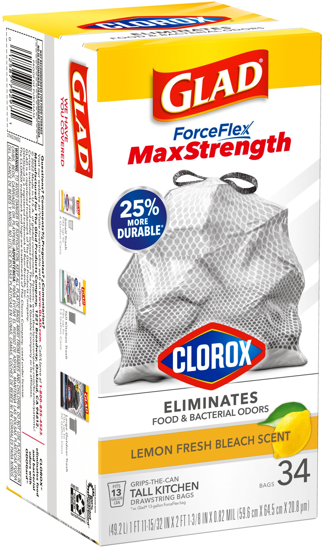 slide 2 of 5, Glad ForceFlexPlus with Clorox Tall Kitchen Drawstring Lemon Fresh Bleach Scent Trash Bags, 34 ct