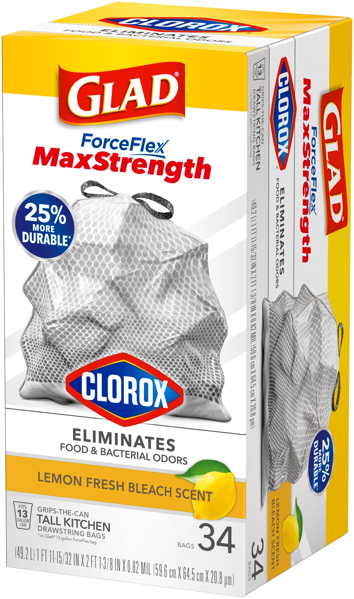slide 4 of 5, Glad ForceFlexPlus with Clorox Tall Kitchen Drawstring Lemon Fresh Bleach Scent Trash Bags, 34 ct