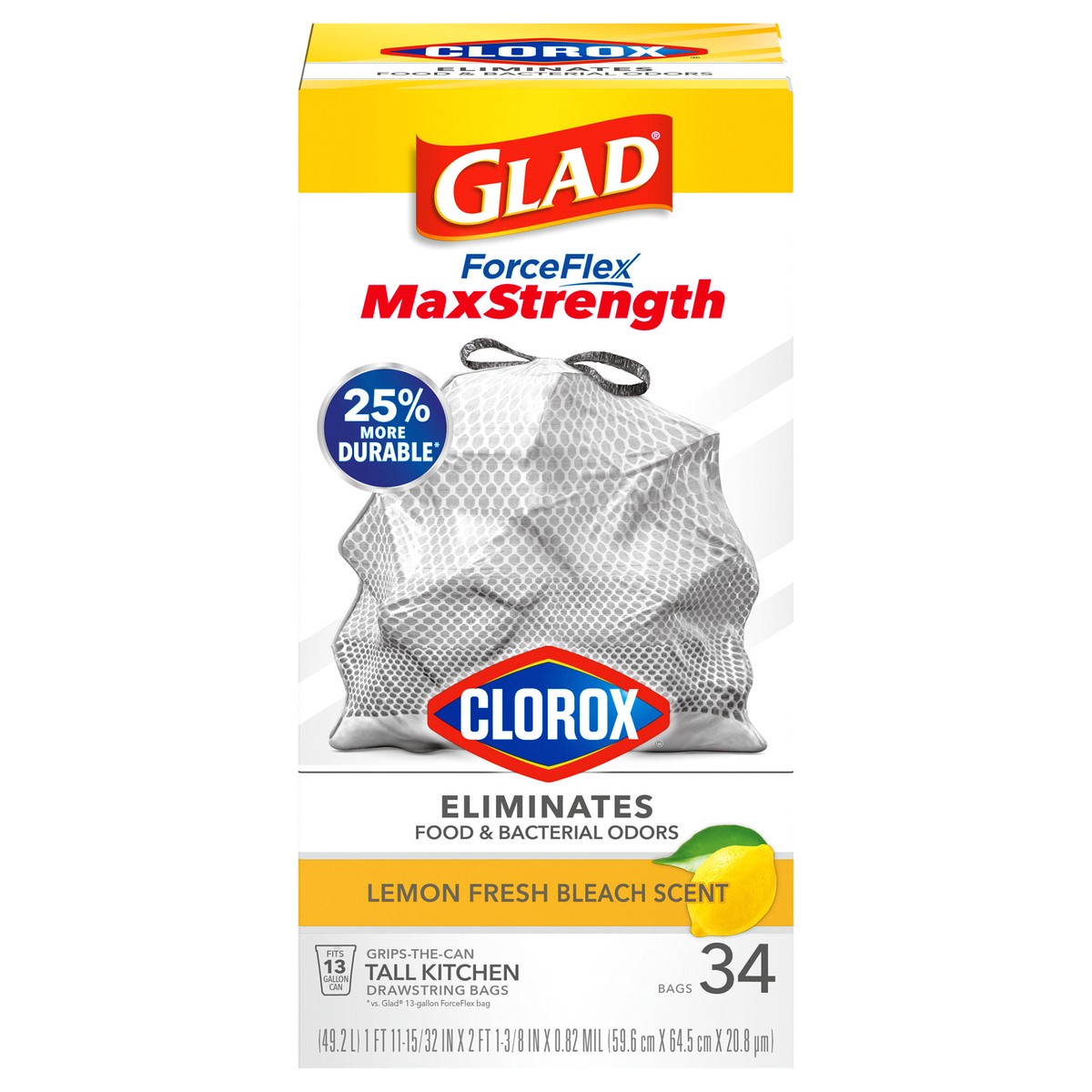 slide 1 of 5, Glad ForceFlexPlus with Clorox Tall Kitchen Drawstring Lemon Fresh Bleach Scent Trash Bags, 34 ct