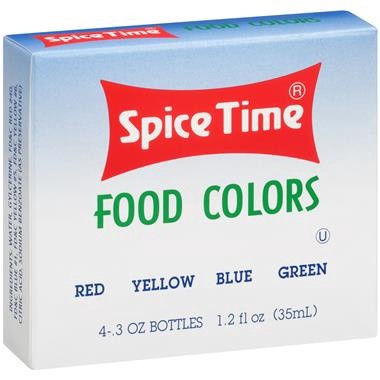 slide 1 of 1, Spice Supreme Spice Time Red/Yellow/Blue/Green Food Colors 4-0.3 Oz. Bottles, 1.2 fl oz