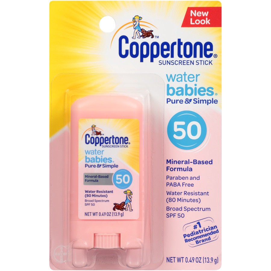 slide 1 of 3, Coppertone Water Babies Pure & Simple SPF 50 Sunscreen Stick, 0.49 oz