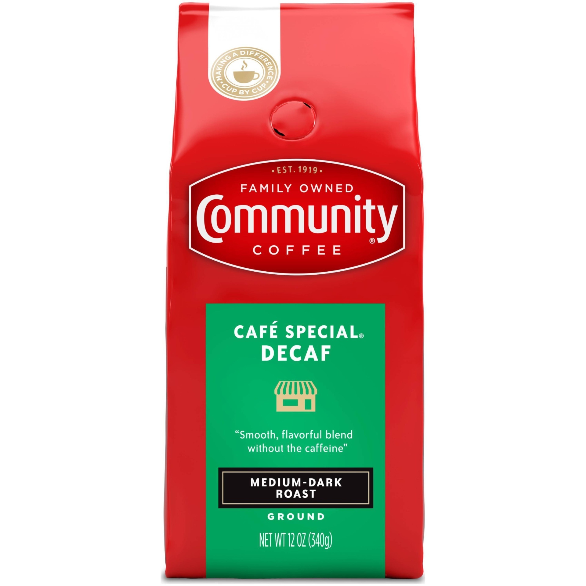 slide 1 of 7, Community Coffee Café Special Decaf Medium-Dark Roast Ground Coffee, 12 oz