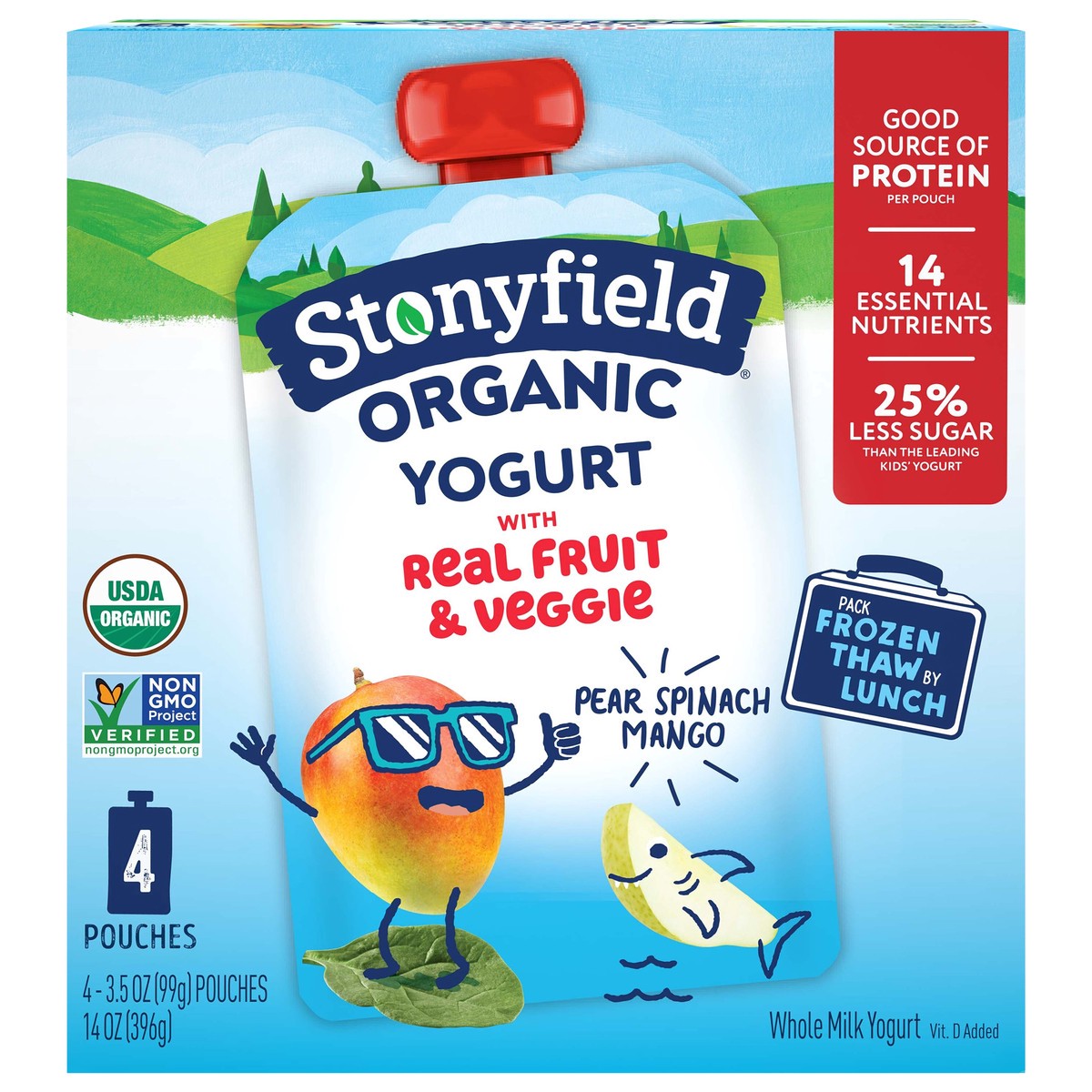 slide 1 of 13, Stonyfield Organic Whole Milk Pear Spinach Mango Kids' Yogurt - 4ct/3.5oz Pouches, 4 ct; 3.7 oz