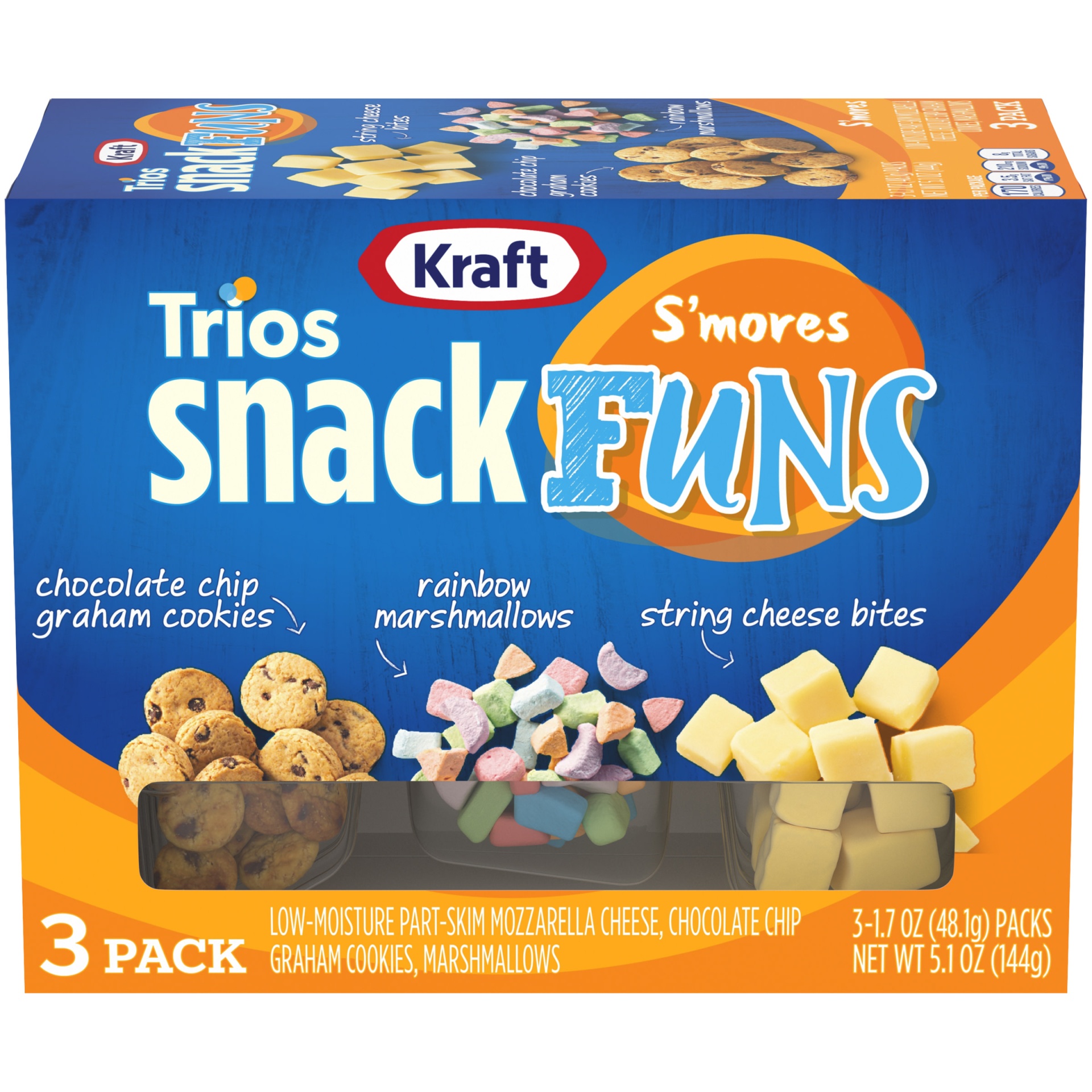 slide 1 of 1, Kraft Trios SnackFuns S'mores Snack Packs with Mozzarella Cheese Bites, Chocolate Chip Graham Cookies & Marshmallows Trays, 3 ct; 1.7 oz