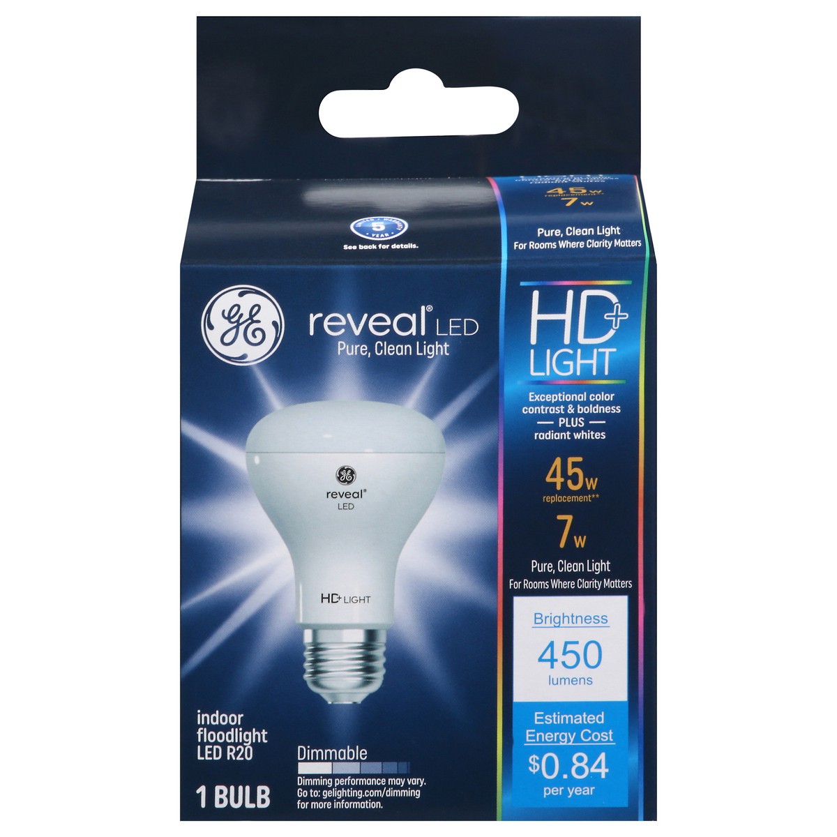 slide 1 of 9, GE Reveal Indoor Floodlight 7 Watts Dimmable LED R20 Light Bulb 1 ea, 1 ct