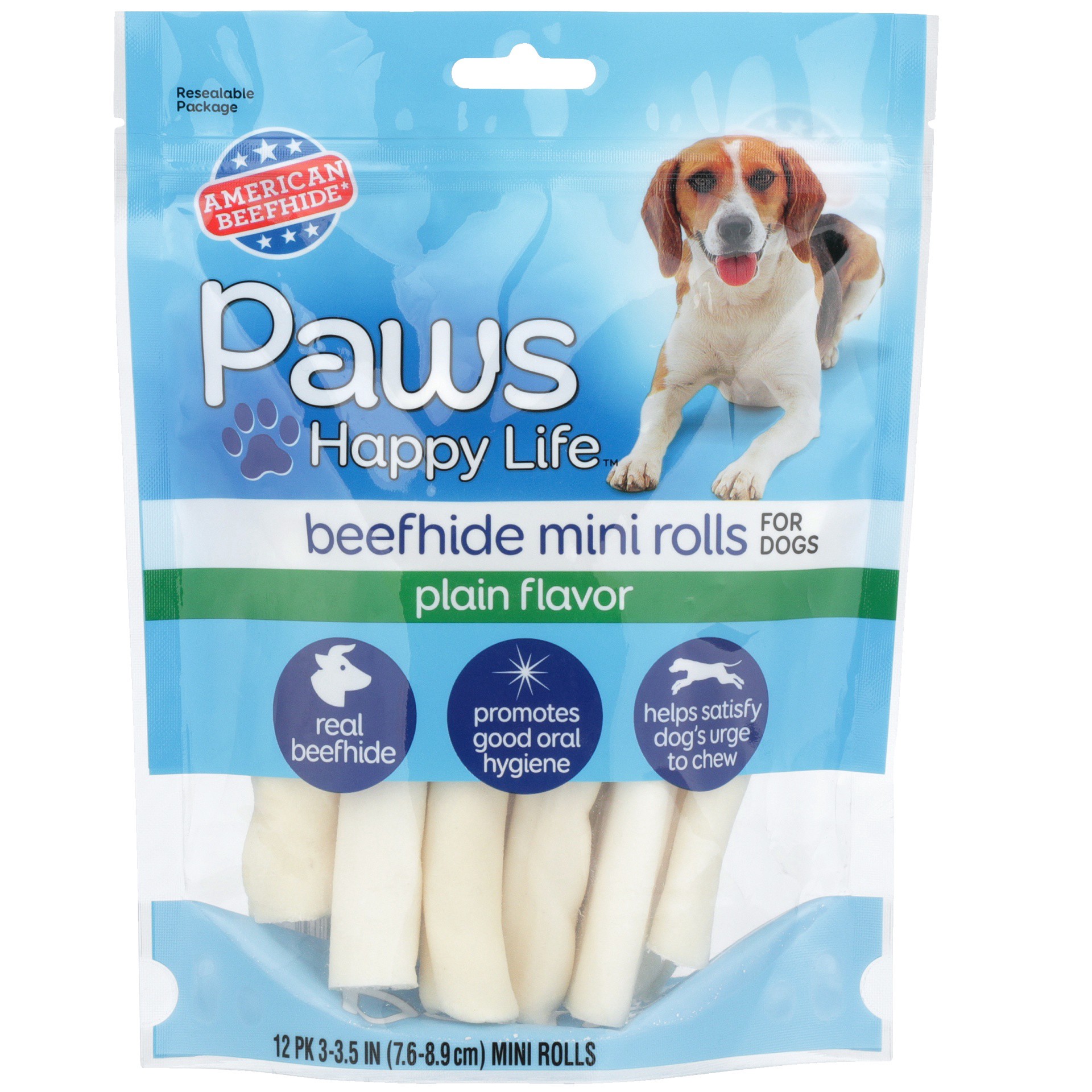 slide 1 of 6, Paws Happy Life Beefhide Mini Rolls For Dogs Plain Flavor, 12 ct