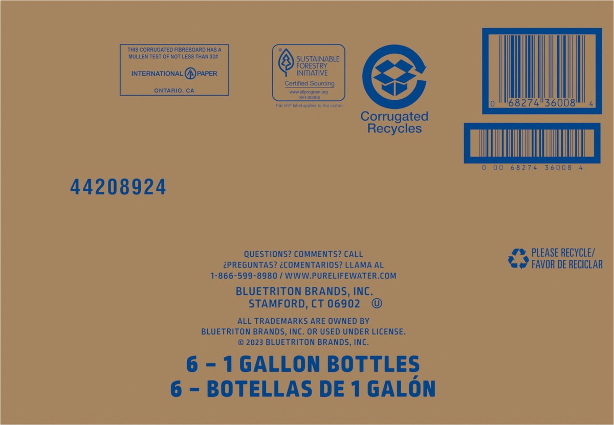 slide 5 of 8, Pure Life Distilled Water, 1-Gallon, Plastic Bottled Water (6 Pack) Front Handle, 1 g