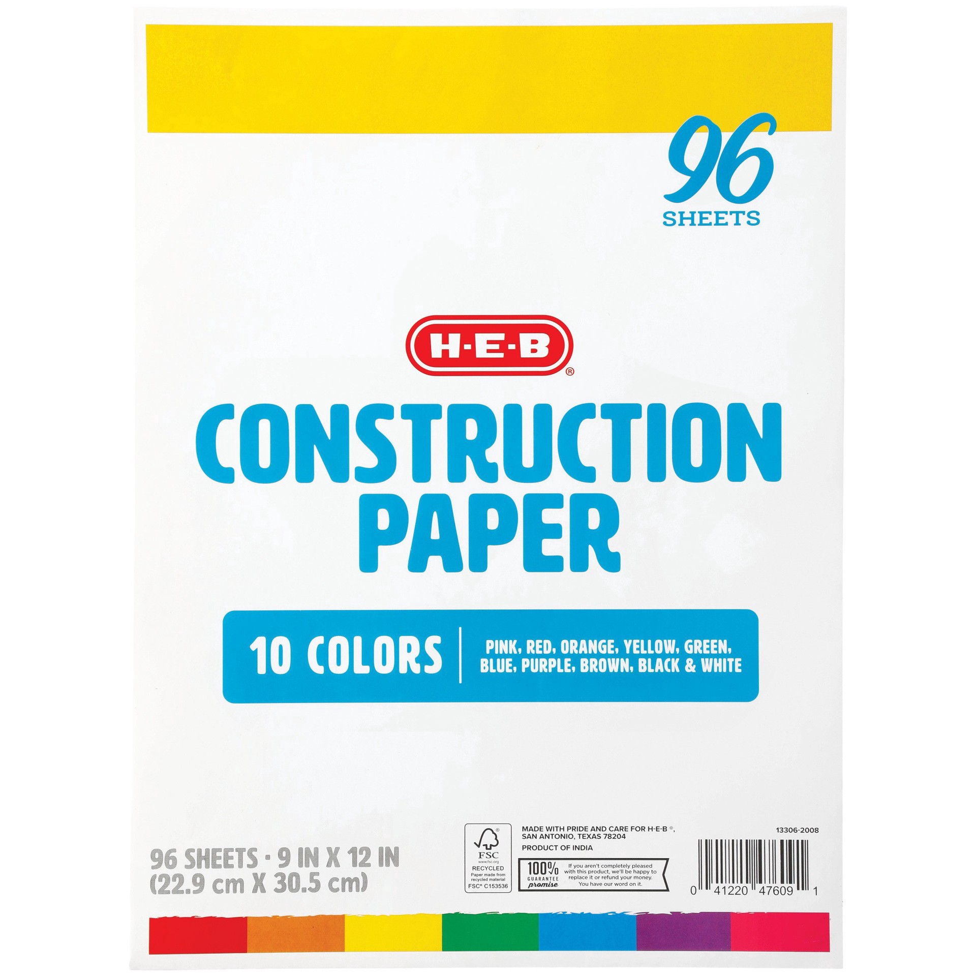 slide 1 of 1, H-E-B Construction Paper - 10 Colors, 9 x 12 in, 96 ct