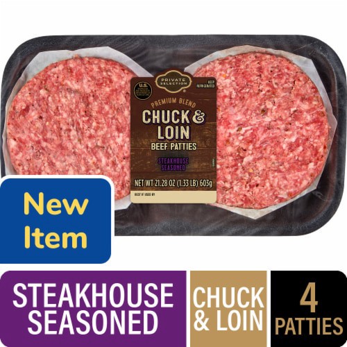 slide 1 of 1, Private Selection Beef Chuck and Loin Steakhouse Blend Seasoned Patties, 4 ct / 1.33 lb, 4 ct