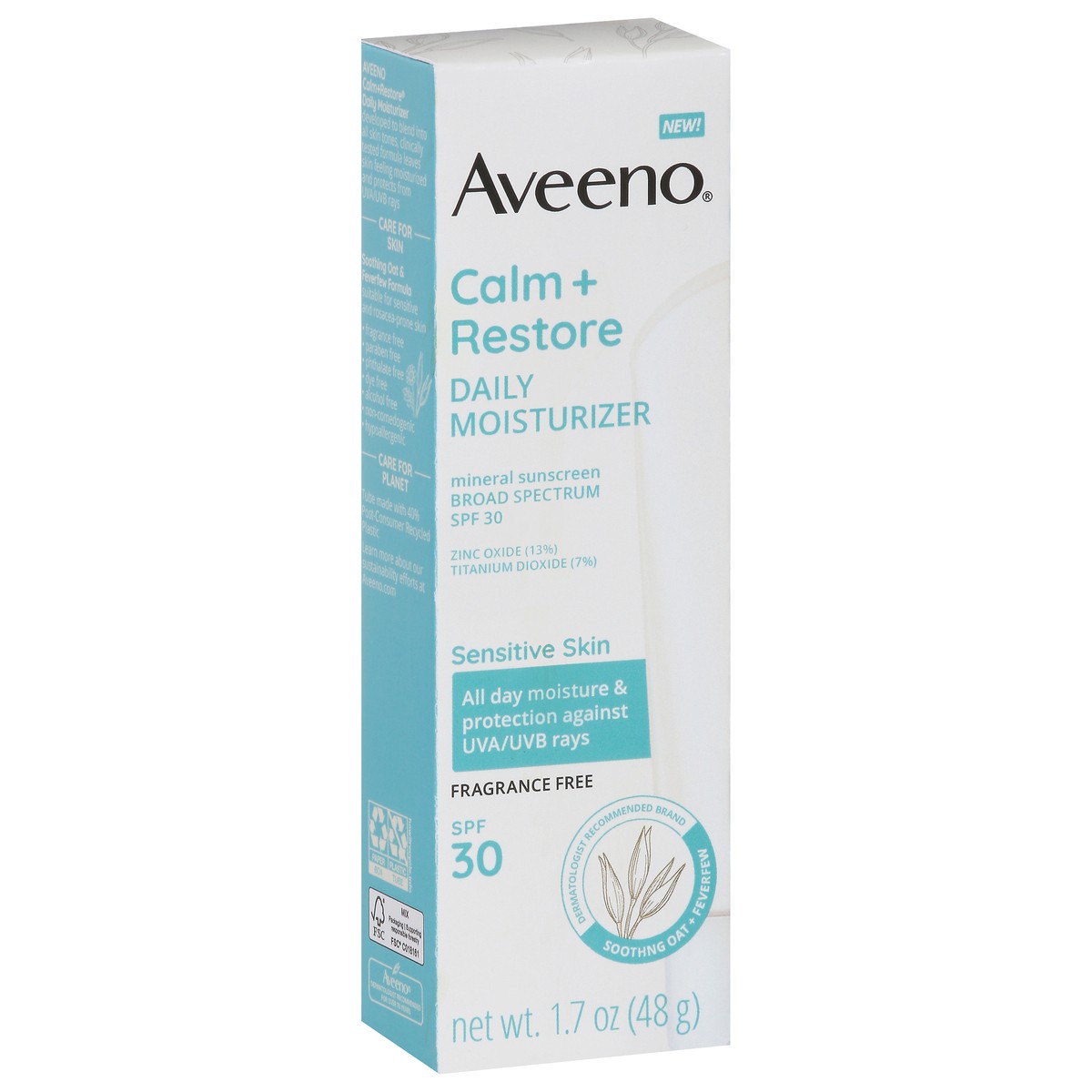 slide 10 of 10, Aveeno Calm + Restore Daily Moisturizer Mineral Sunscreen with Broad Spectrum SPF 30, for Sensitive Skin, Fragrance Free, 1.7 Fl. Oz, 1.7 oz