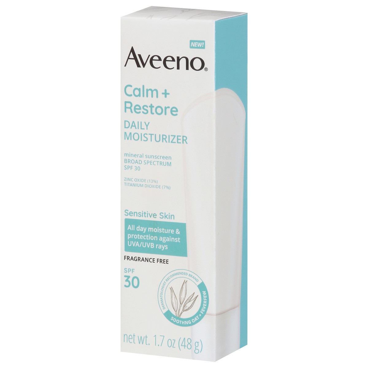 slide 8 of 10, Aveeno Calm + Restore Daily Moisturizer Mineral Sunscreen with Broad Spectrum SPF 30, for Sensitive Skin, Fragrance Free, 1.7 Fl. Oz, 1.7 oz