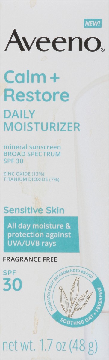 slide 7 of 10, Aveeno Calm + Restore Daily Moisturizer Mineral Sunscreen with Broad Spectrum SPF 30, for Sensitive Skin, Fragrance Free, 1.7 Fl. Oz, 1.7 oz