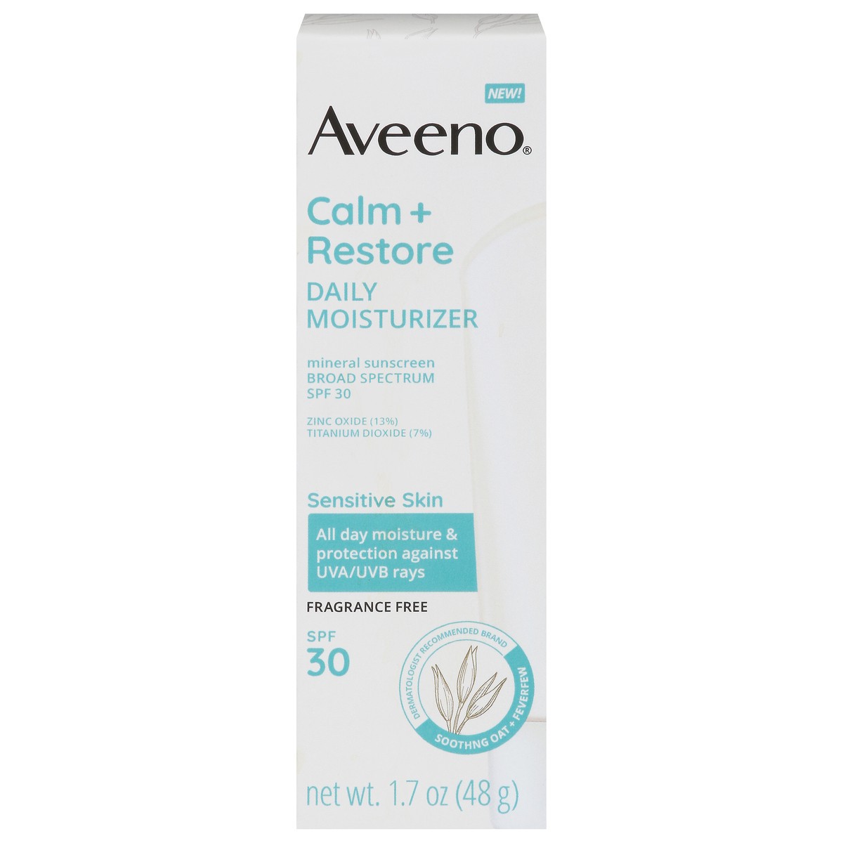 slide 5 of 10, Aveeno Calm + Restore Daily Moisturizer Mineral Sunscreen with Broad Spectrum SPF 30, for Sensitive Skin, Fragrance Free, 1.7 Fl. Oz, 1.7 oz