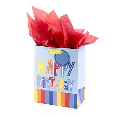 slide 1 of 1, Hallmark Happy Birthday, Rainbow Stripes on Light Blue Medium Gift Bag with Tissue Paper, #62, 9 in