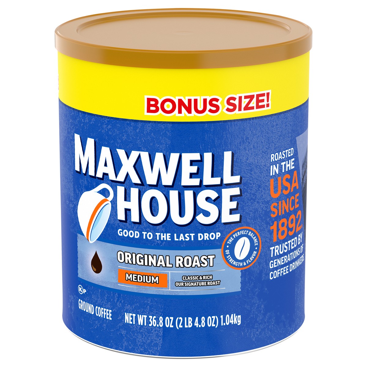 slide 9 of 9, Maxwell House The Original Roast Medium Roast Ground Coffee Bonus Size, 36.8 oz Canister, 30.6 oz