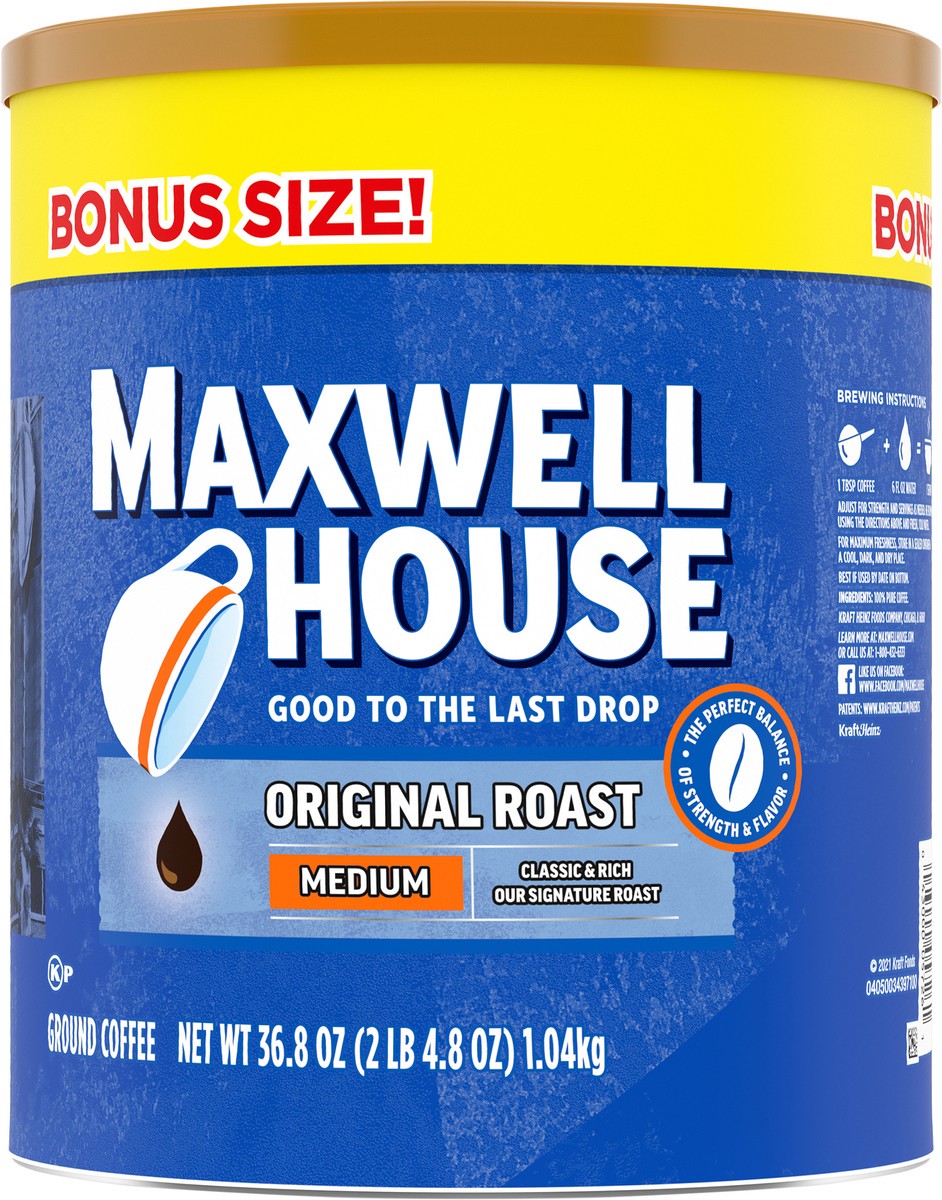 slide 7 of 9, Maxwell House The Original Roast Medium Roast Ground Coffee Bonus Size, 36.8 oz Canister, 30.6 oz