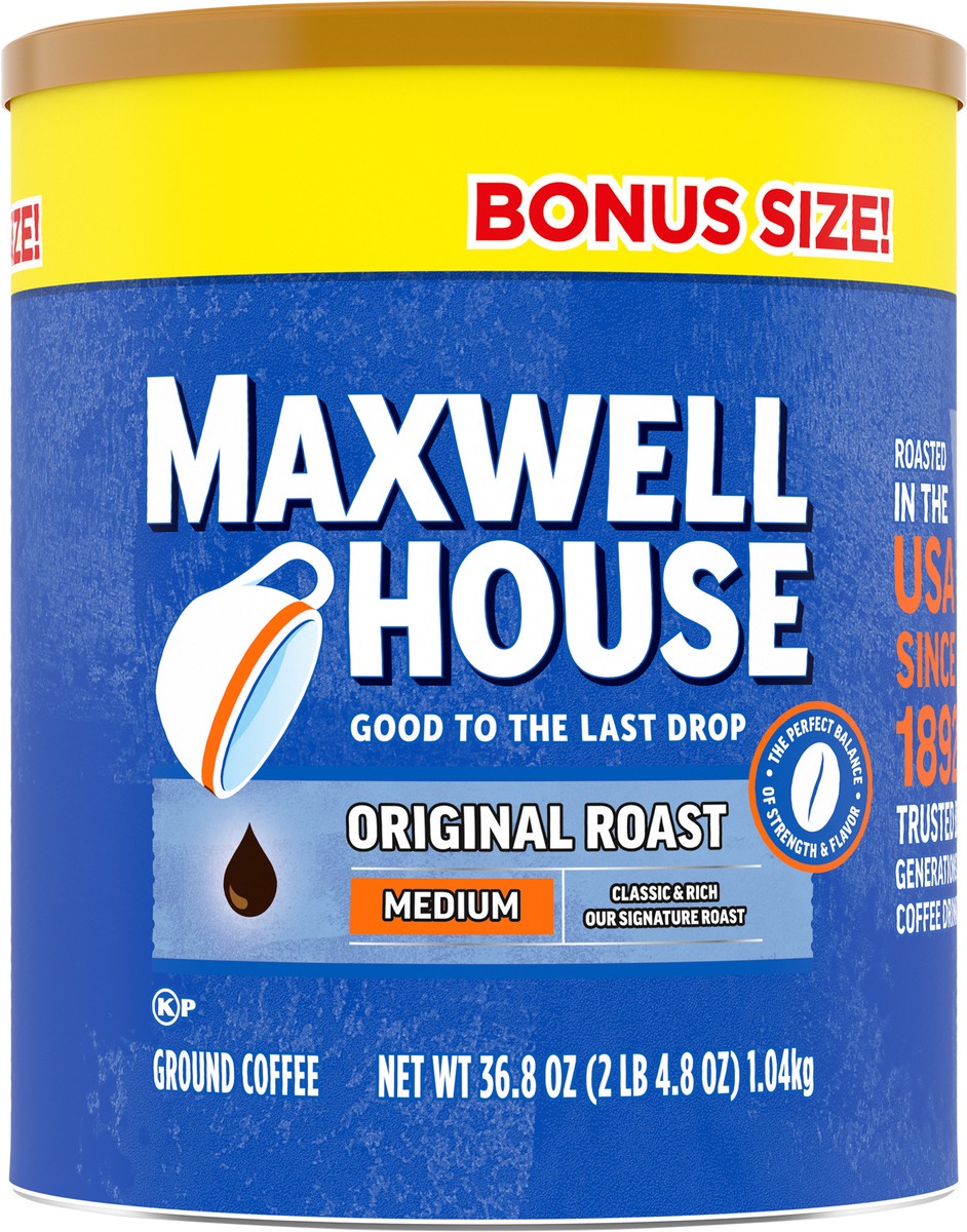 slide 4 of 9, Maxwell House The Original Roast Medium Roast Ground Coffee Bonus Size, 36.8 oz Canister, 30.6 oz