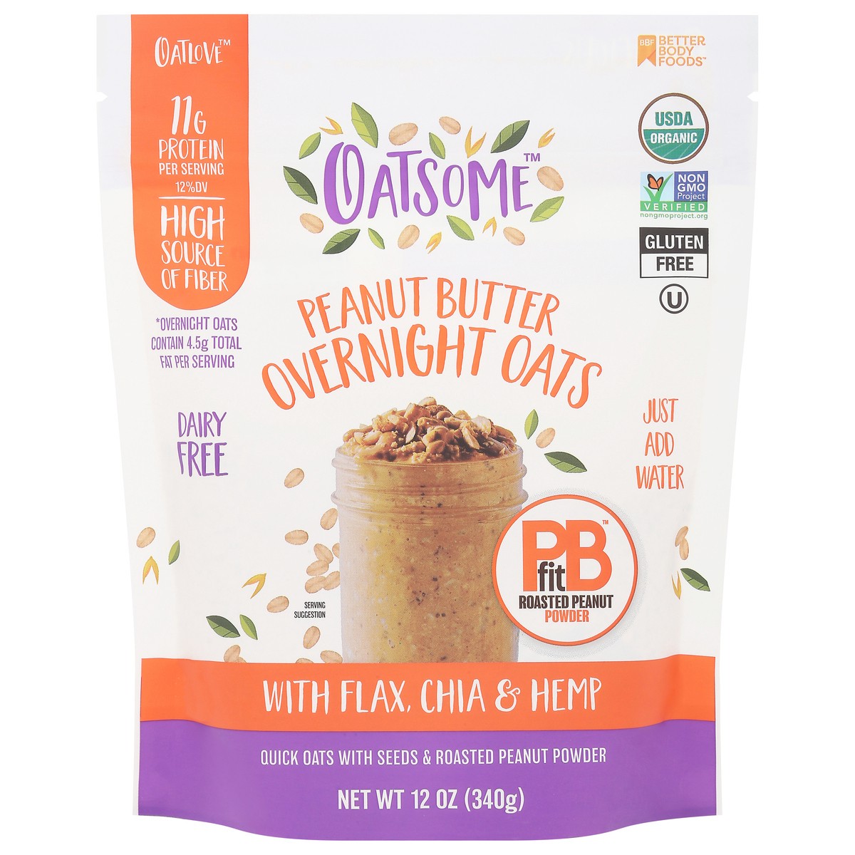 slide 1 of 14, Oatsome Dairy Free Peanut Butter Overnight Oats with Flax, Chia & Hemp 12 oz, 12 oz