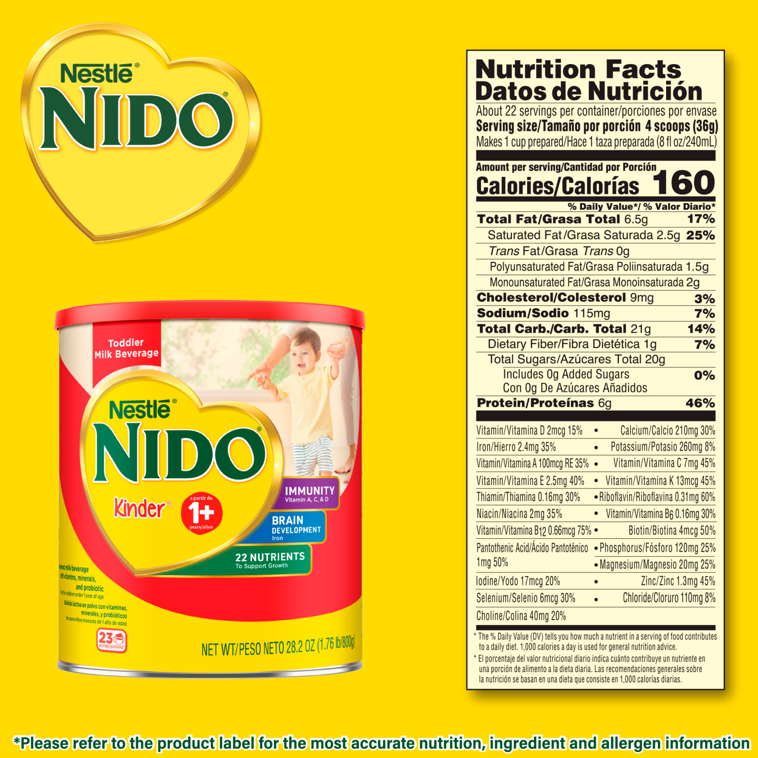 slide 2 of 8, Nido Nestlé NIDO Kinder Toddler Milk Beverage Powder Mix, 1 + Years, 23 Servings per Container, 276 Total Servings, 12 Pack, 28.20 oz