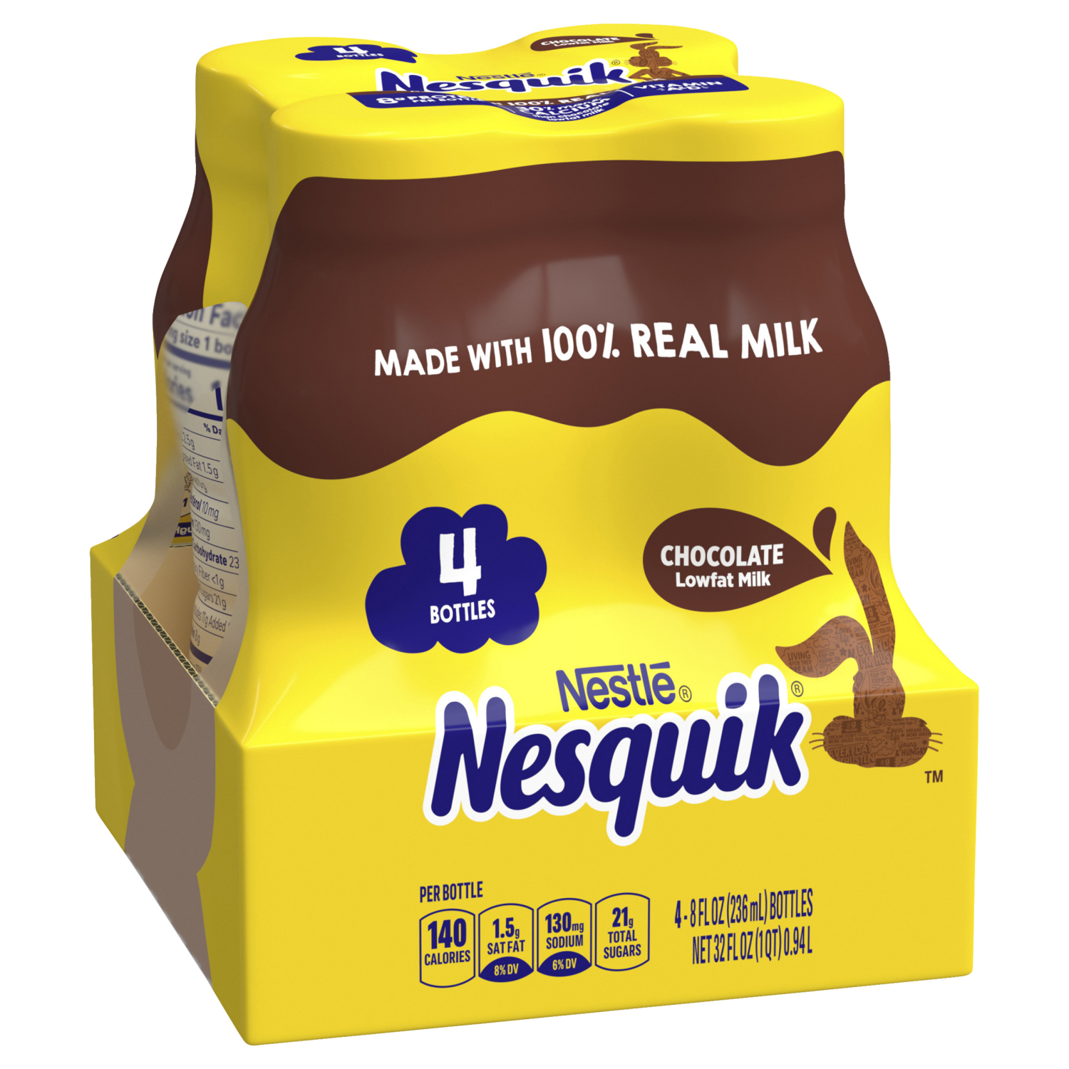 slide 4 of 5, Nesquik Chocolate Milk, Ready to Drink, Shelf Stable Low-fat Milk, 4PK, 32 oz