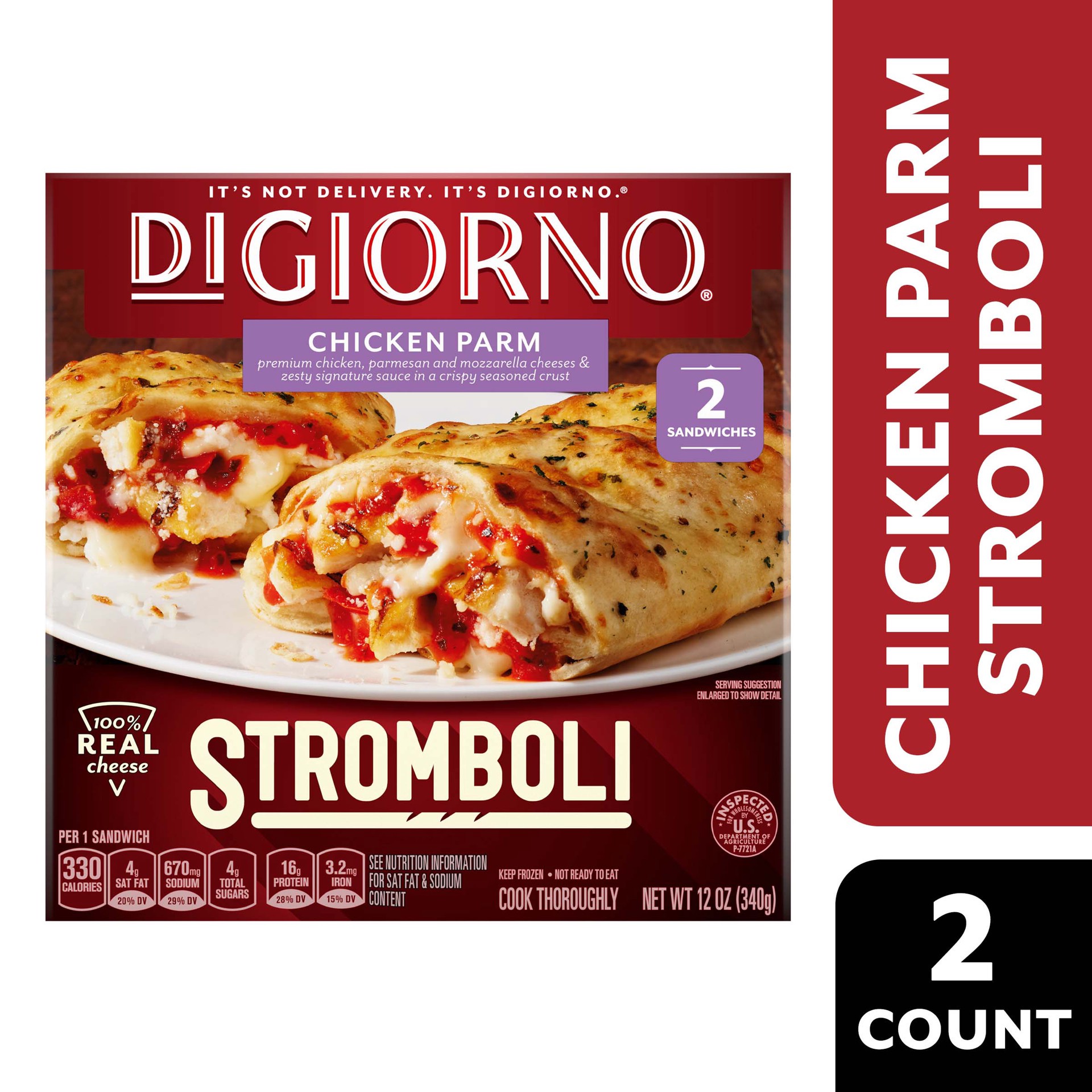 slide 1 of 10, DIGIORNO Stromboli Chicken Parm Frozen Sandwiches - 2 Count Chicken Sandwich Pizza Snacks, 12 oz