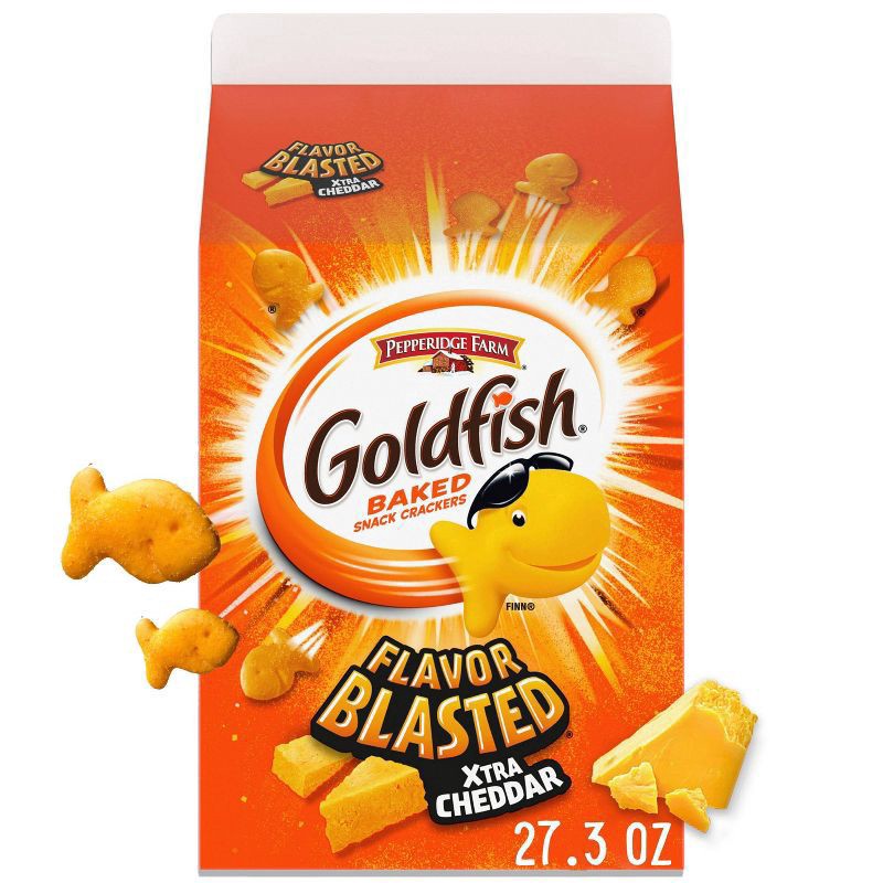 slide 1 of 5, Goldfish Flavor Blasted Xtra Cheddar Cheese Crackers, 27.3 oz Carton, 27.3 oz