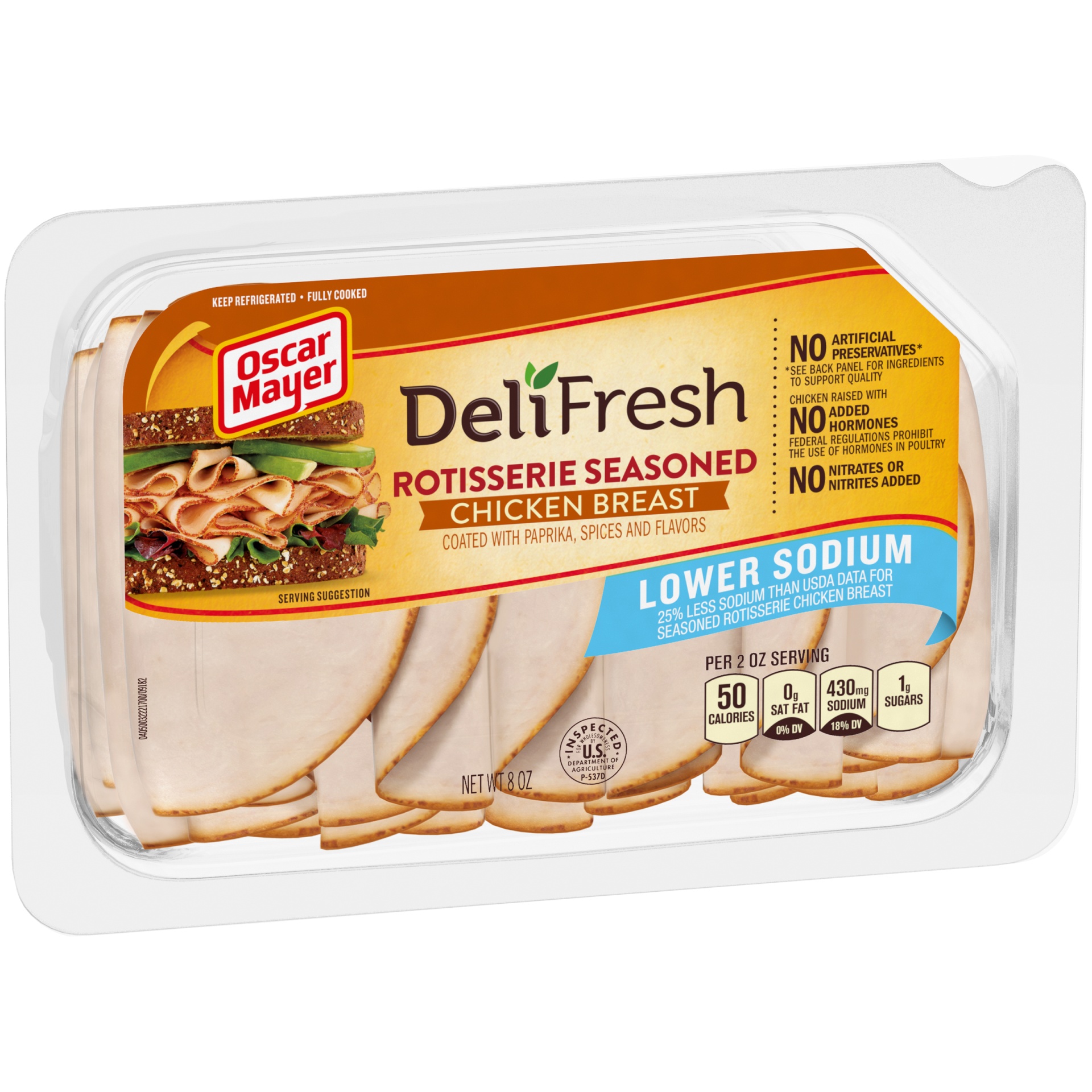 slide 2 of 6, Oscar Mayer Deli Fresh Rotisserie Seasoned Chicken Breast Sliced Lunch Meat with 25% Lower Sodium Tray, 8 oz