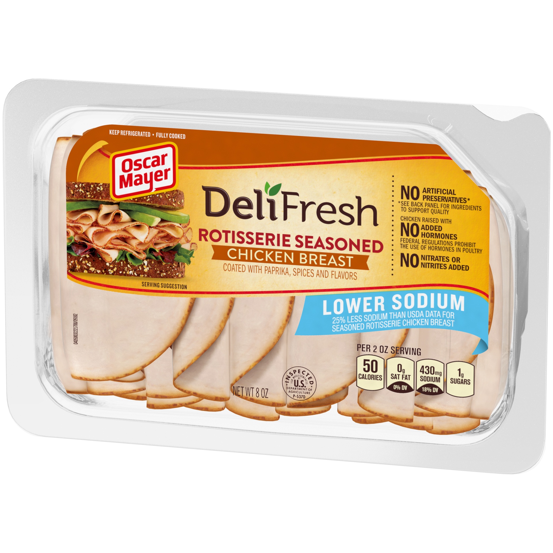 slide 3 of 6, Oscar Mayer Deli Fresh Rotisserie Seasoned Chicken Breast Sliced Lunch Meat with 25% Lower Sodium Tray, 8 oz