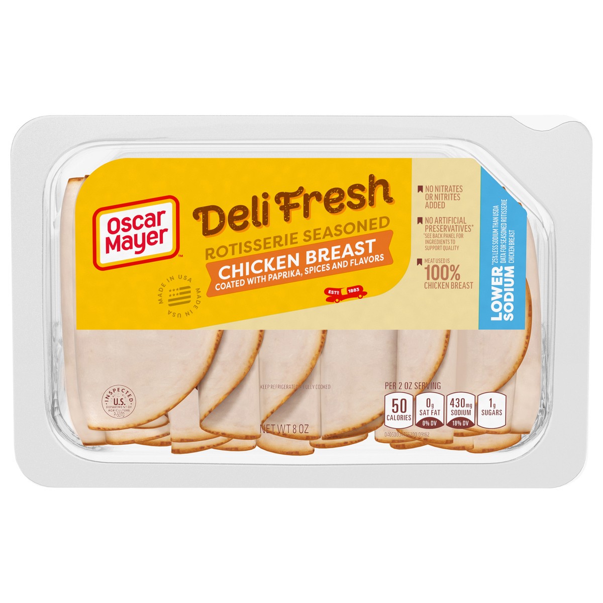 slide 1 of 5, Oscar Mayer Deli Fresh Rotisserie Seasoned Chicken Breast Coated with Paprika and Spices Sliced Lunch Meat with 25% Lower Sodium, 8 oz. Tray, 8 oz