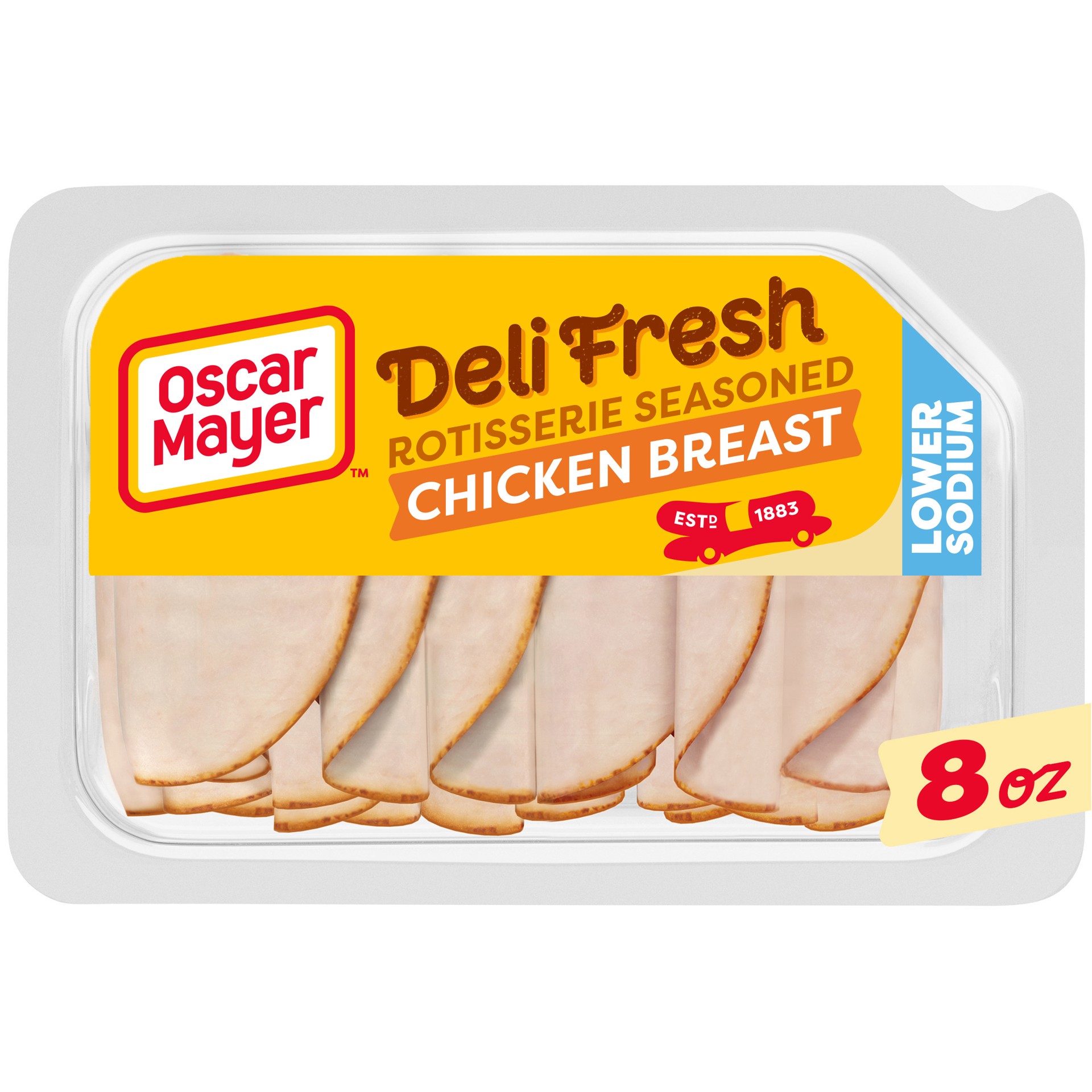 slide 1 of 5, Oscar Mayer Deli Fresh Rotisserie Seasoned Chicken Breast Coated with Paprika and Spices Sliced Lunch Meat with 25% Lower Sodium, 8 oz. Tray, 8 oz