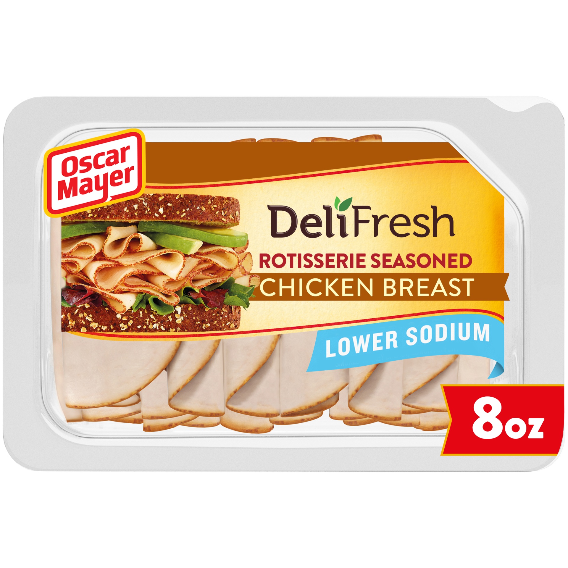 slide 1 of 6, Oscar Mayer Deli Fresh Rotisserie Seasoned Chicken Breast Sliced Lunch Meat with 25% Lower Sodium Tray, 8 oz