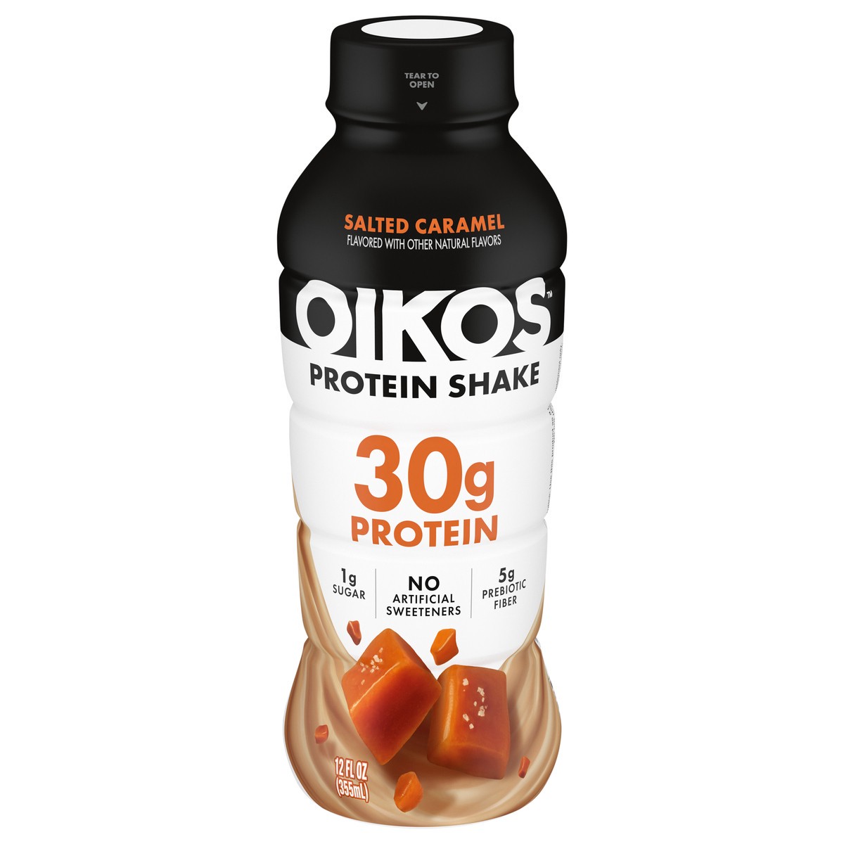 slide 1 of 14, Oikos Protein Shake, Salted Caramel, 30g Protein, Shelf Stable, 12 Fl Oz Bottle, 12 fl oz