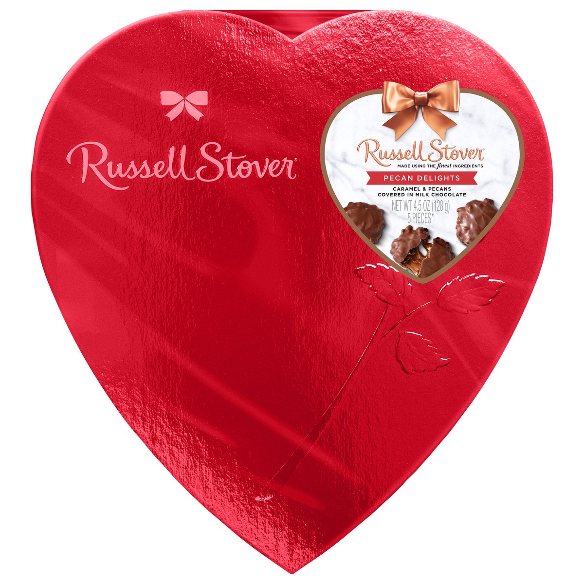 slide 6 of 11, RUSSELL STOVER Valentine's Day Red Foil Heart Milk Chocolate Pecan Delight Gft Box, 4.5 oz. (˜ 5 pieces), 5 ct