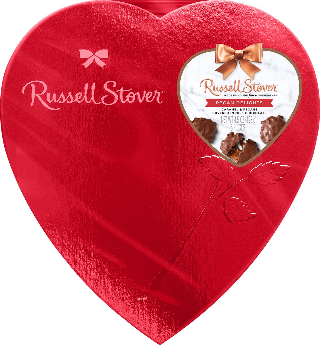 slide 5 of 11, RUSSELL STOVER Valentine's Day Red Foil Heart Milk Chocolate Pecan Delight Gft Box, 4.5 oz. (˜ 5 pieces), 5 ct