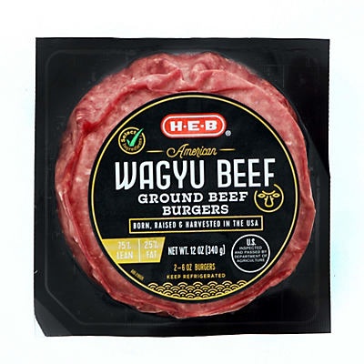 slide 1 of 1, H-E-B Wagyu Ground Beef Burger Patties, 2 ct