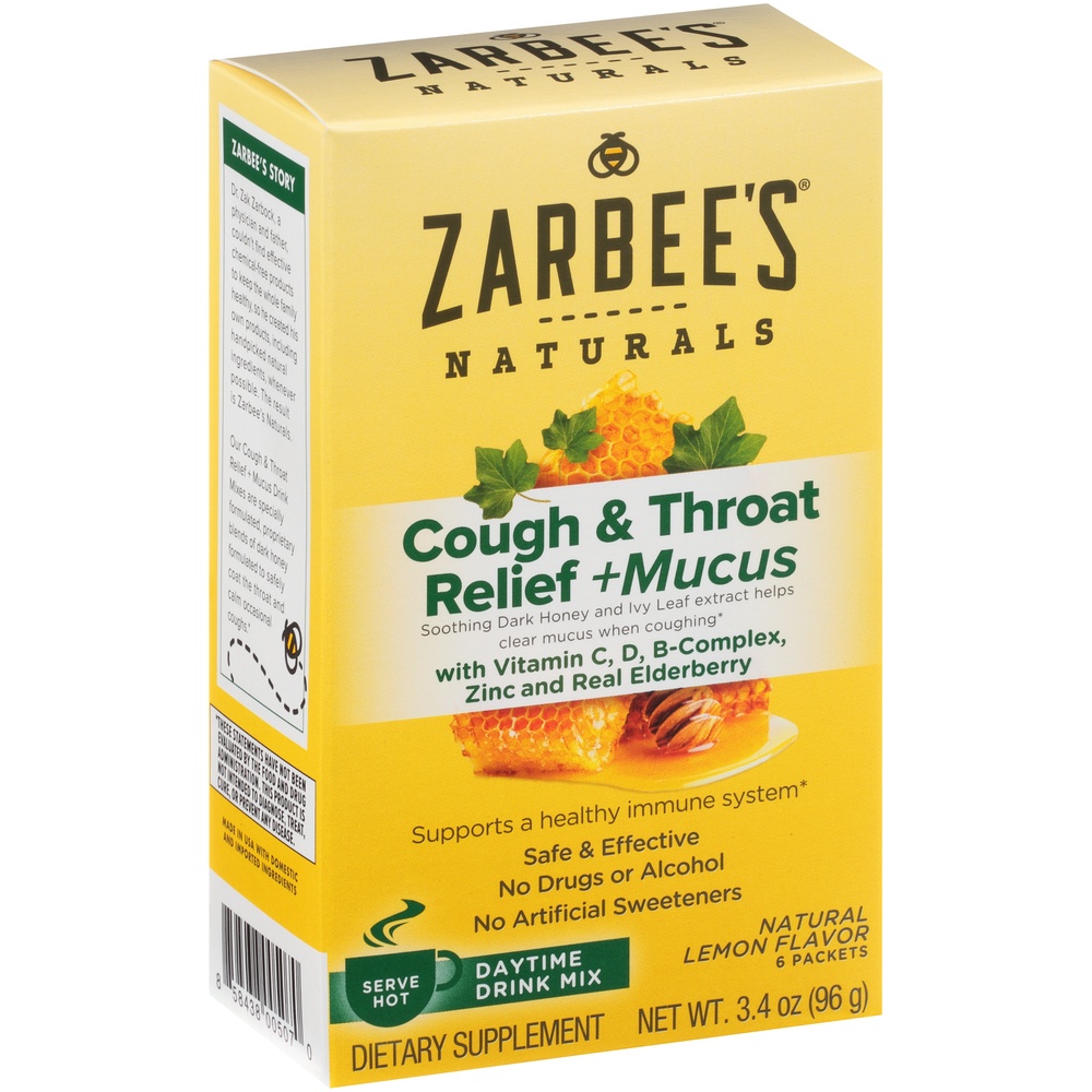 slide 2 of 6, Zarbee's Naturals Cough & Throat Relief + Mucus, Daytime, Drink Mix, Natural Lemon Flavor, 6 ct