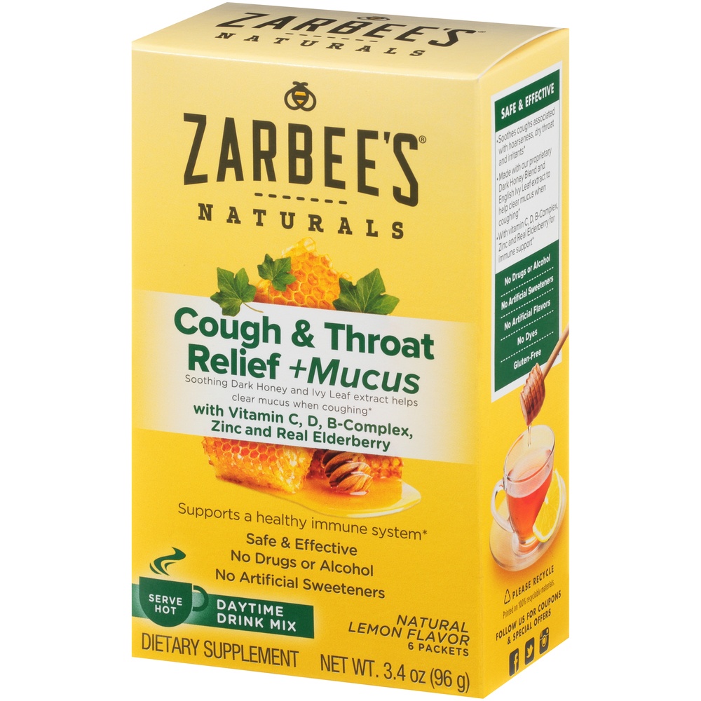 slide 3 of 6, Zarbee's Naturals Cough & Throat Relief + Mucus, Daytime, Drink Mix, Natural Lemon Flavor, 6 ct